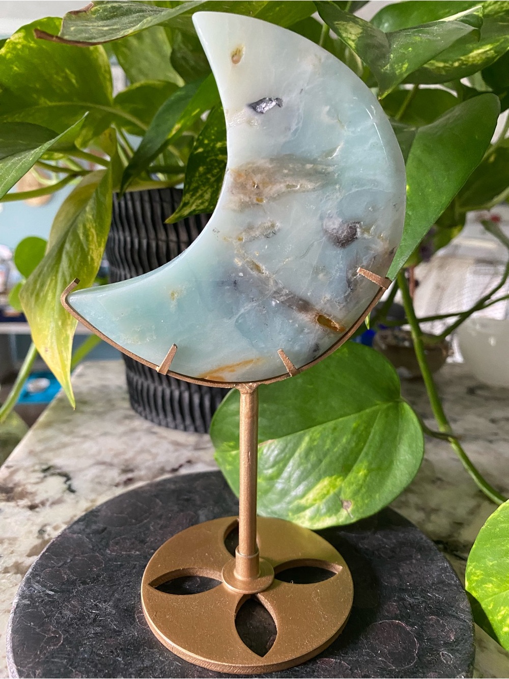 🌙✨ Colorful Amazonite Moon on Custom Gold Stand – Calm Meets Cosmic Beauty ✨🌙